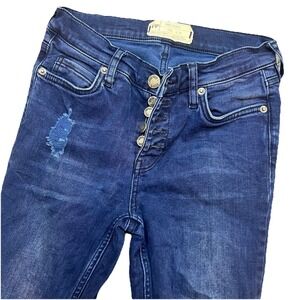 Free People Women's Skinny Jeans 26x26 Stretch Distressed Ankle Button Fly Blue